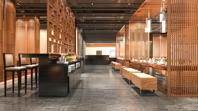 3d rendering loft wood luxury hotel reception and cafe lounge restaurant