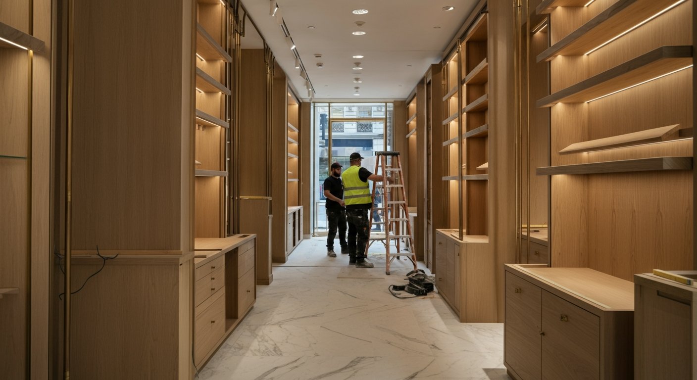 Arghco construction workers retail fit out of shelving led lights