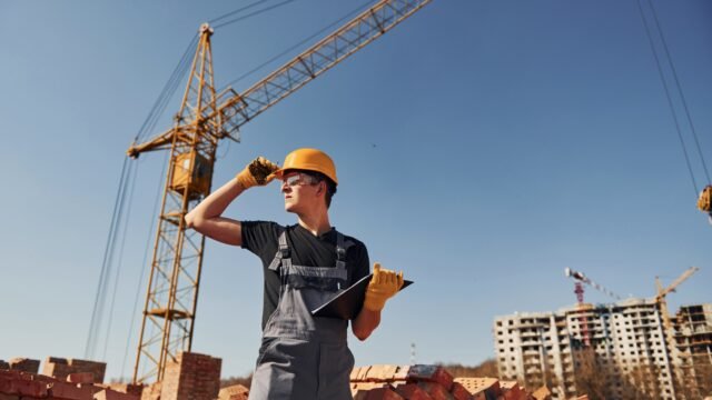 Construction worker in uniform and safety equipment have job on building