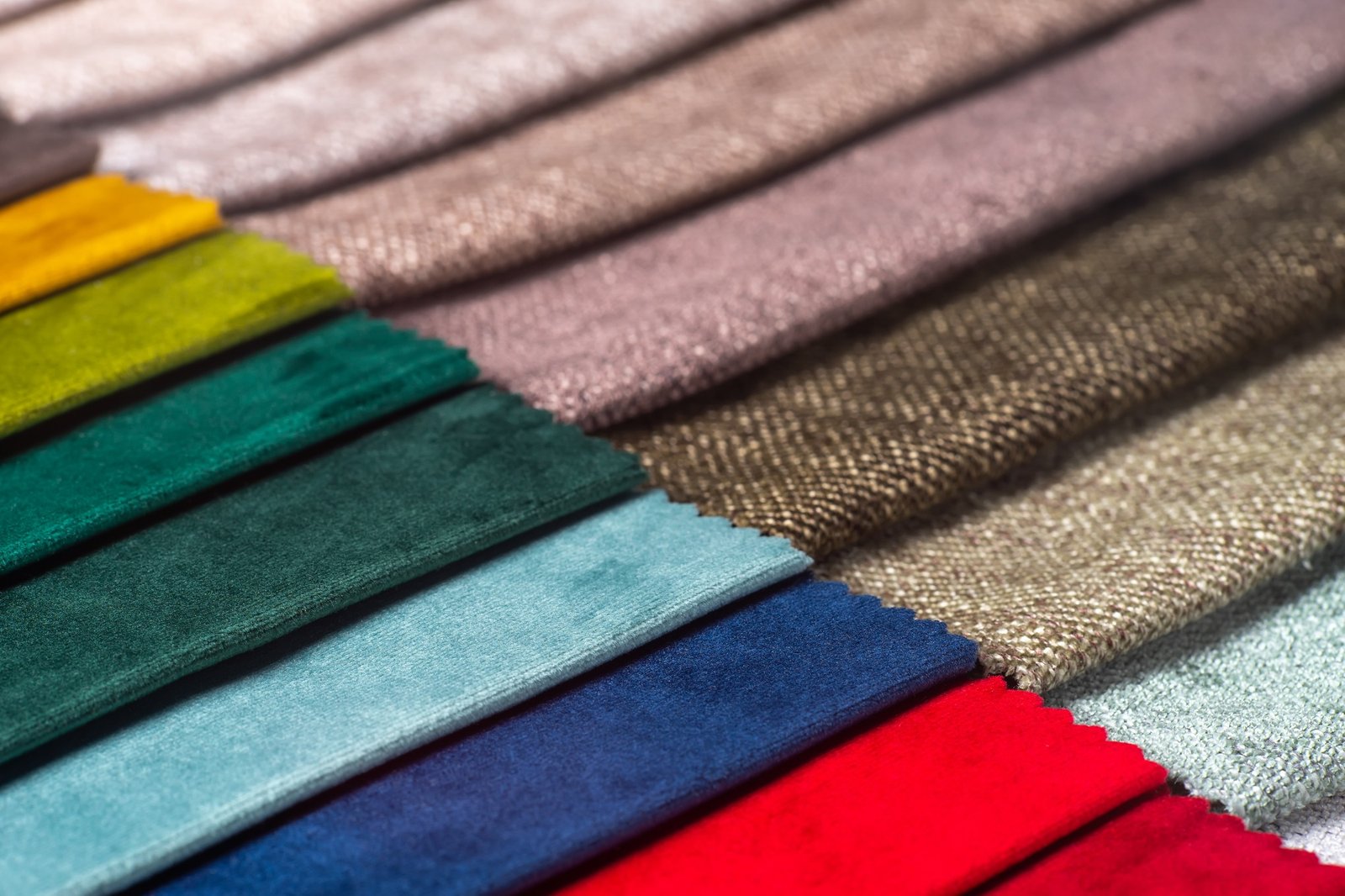 Multi Colored Set Of Upholstery Fabric Samples For Selection, Collection Of Textile Swatches